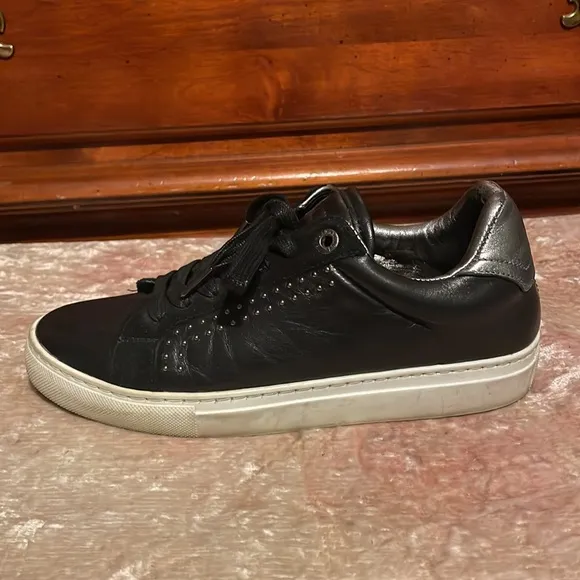 ZADIG &amp; VOLTAIRE Leather Black Silver Studded Lace Up Sneakers ZV1747 $238 EUC 7