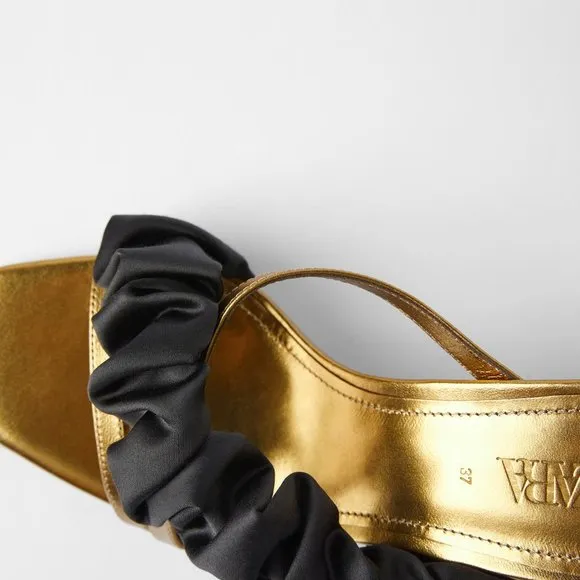 ZARA 100% LEATHER BLUE COLLECTION RUFFLE GOLD MULE HEELS NEW WITH TAGS US 6.5
