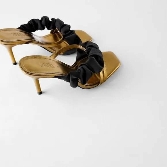 ZARA 100% LEATHER BLUE COLLECTION RUFFLE GOLD MULE HEELS NEW WITH TAGS US 6.5