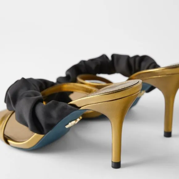 ZARA 100% LEATHER BLUE COLLECTION RUFFLE GOLD MULE HEELS NEW WITH TAGS US 6.5