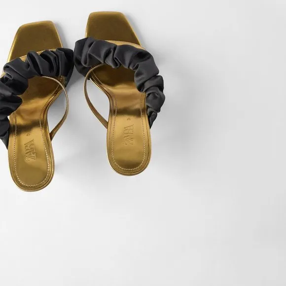 ZARA 100% LEATHER BLUE COLLECTION RUFFLE GOLD MULE HEELS NEW WITH TAGS US 6.5