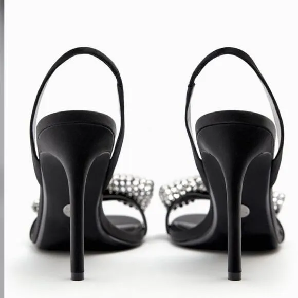 Zara Black HIGH-HEEL SANDALS WITH EMBELLISHED BOW Size 7.5