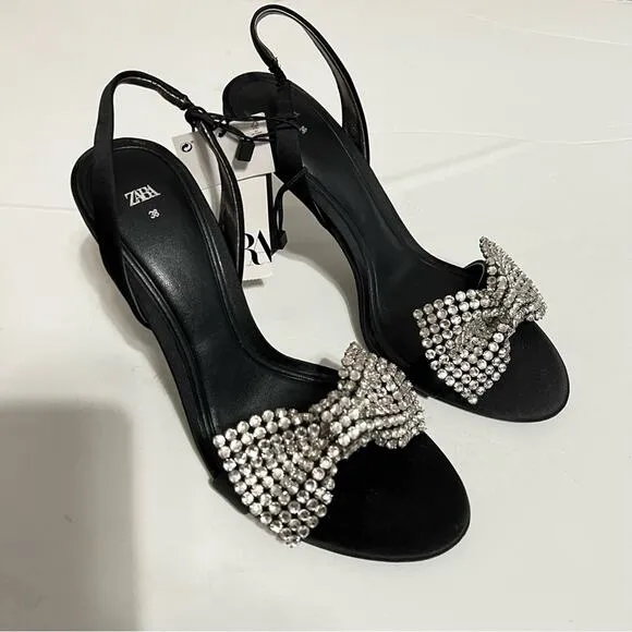 Zara Black HIGH-HEEL SANDALS WITH EMBELLISHED BOW Size 7.5