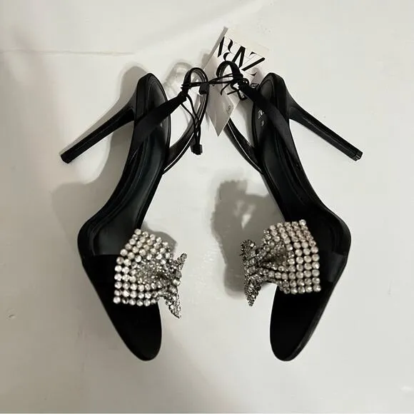 Zara Black HIGH-HEEL SANDALS WITH EMBELLISHED BOW Size 7.5
