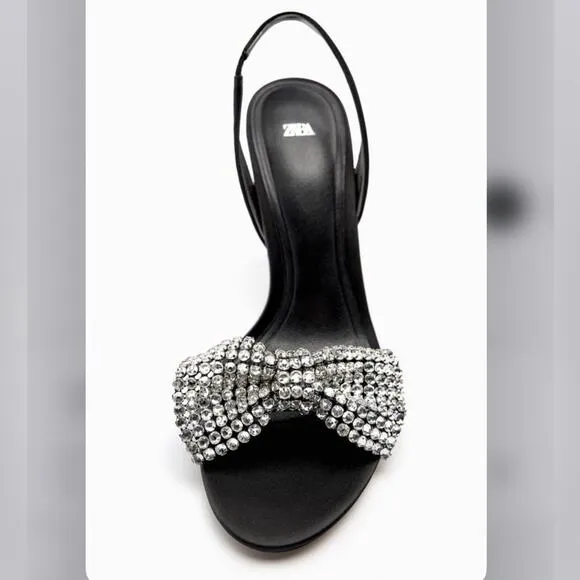Zara Black HIGH-HEEL SANDALS WITH EMBELLISHED BOW Size 7.5
