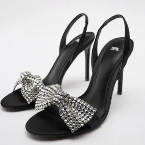 Zara Black HIGH-HEEL SANDALS WITH EMBELLISHED BOW Size 7.5