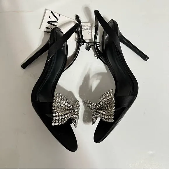 Zara Black HIGH-HEEL SANDALS WITH EMBELLISHED BOW Size 7.5