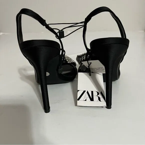 Zara Black HIGH-HEEL SANDALS WITH EMBELLISHED BOW Size 7.5
