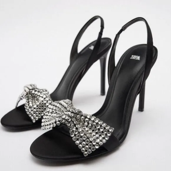 Zara Black HIGH-HEEL SANDALS WITH EMBELLISHED BOW Size 7.5