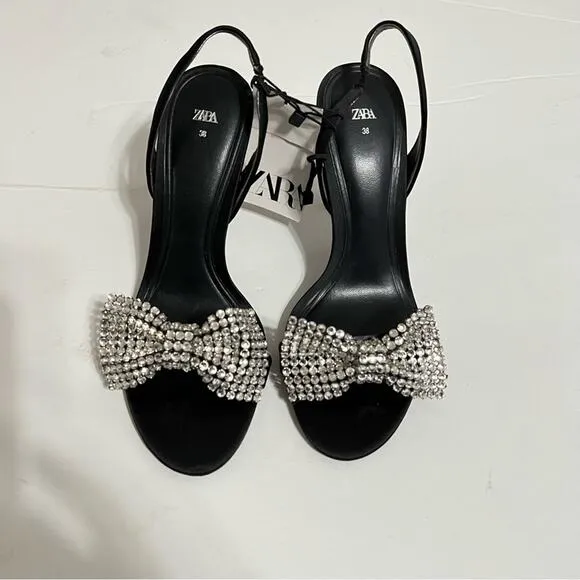 Zara Black HIGH-HEEL SANDALS WITH EMBELLISHED BOW Size 7.5