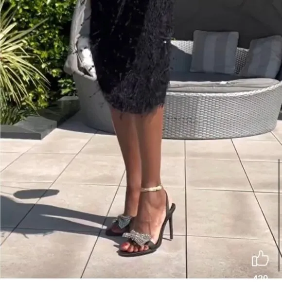 Zara Black HIGH-HEEL SANDALS WITH EMBELLISHED BOW Size 7.5