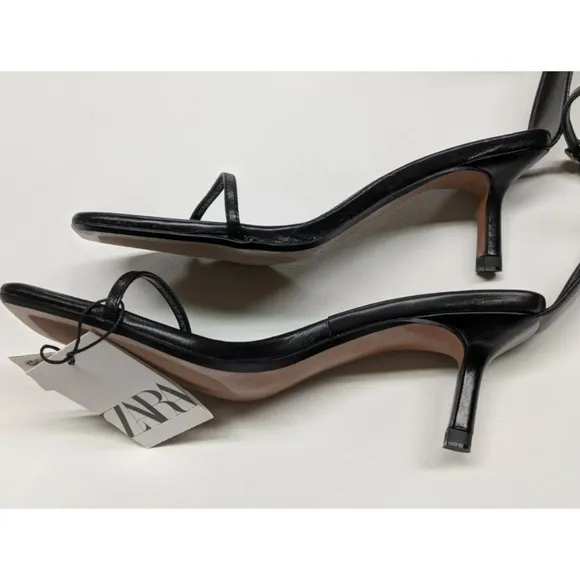 Zara Black Leather Minimalist Heeled Sandals Women's Size 6.5