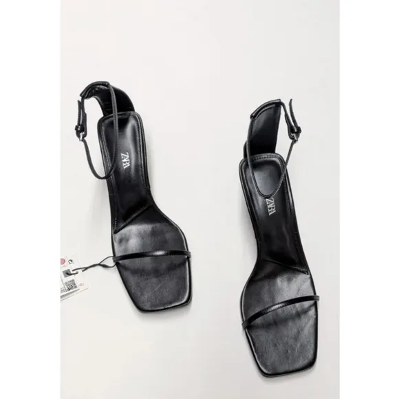 Zara Black Leather Minimalist Heeled Sandals Women's Size 6.5