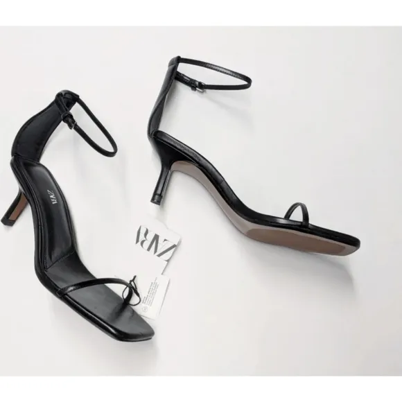 Zara Black Leather Minimalist Heeled Sandals Women's Size 6.5