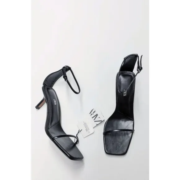 Zara Black Leather Minimalist Heeled Sandals Women's Size 6.5