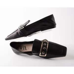 Zara black leather square toe buckle loafers