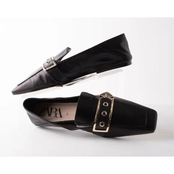 Zara black leather square toe buckle loafers