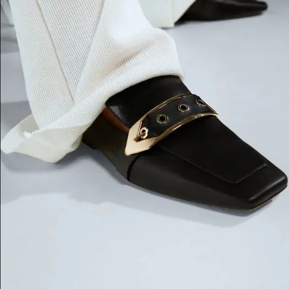 Zara black leather square toe buckle loafers