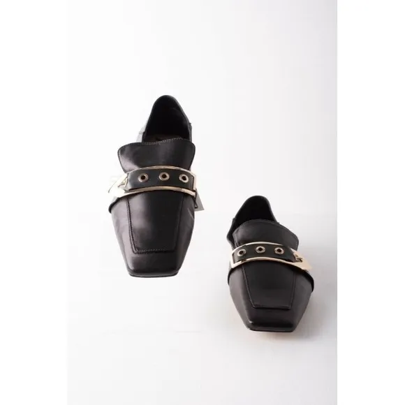 Zara black leather square toe buckle loafers