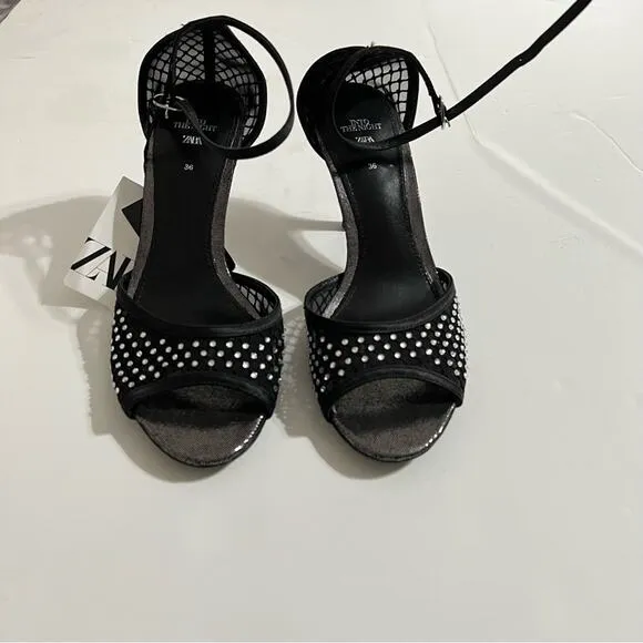 Zara Black RHINESTONE HEELED SANDALS LIMITED EDITION