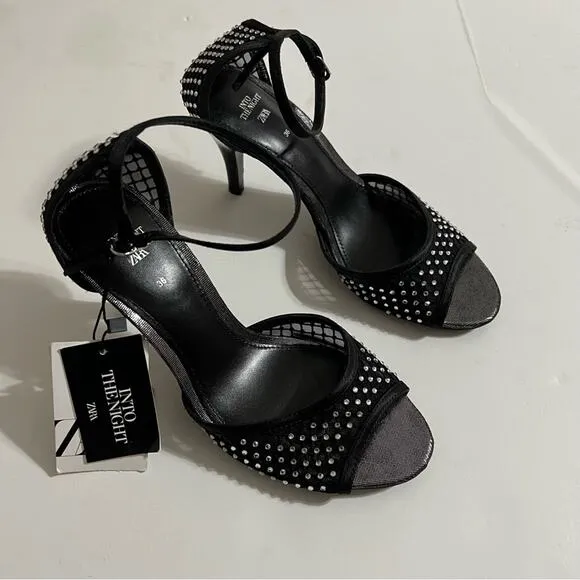 Zara Black RHINESTONE HEELED SANDALS LIMITED EDITION