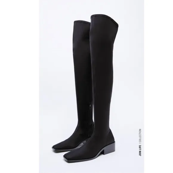 ZARA Black Tall Over the Knee Stretch Square Toe Heeled Boots Sz 39