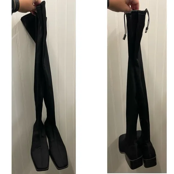 ZARA Black Tall Over the Knee Stretch Square Toe Heeled Boots Sz 39