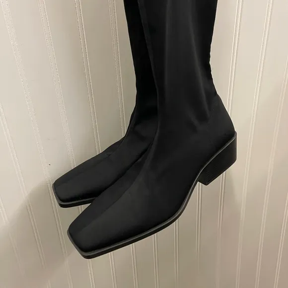 ZARA Black Tall Over the Knee Stretch Square Toe Heeled Boots Sz 39