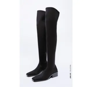ZARA Black Tall Over the Knee Stretch Square Toe Heeled Boots Sz 39