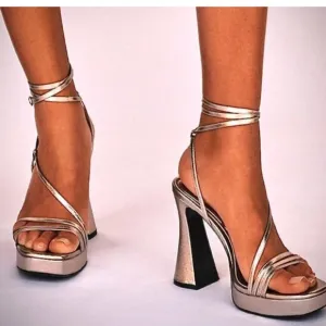 Zara Bronze Metallic Block Strappy Platform Heels