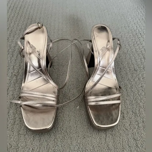 Zara Bronze Metallic Block Strappy Platform Heels