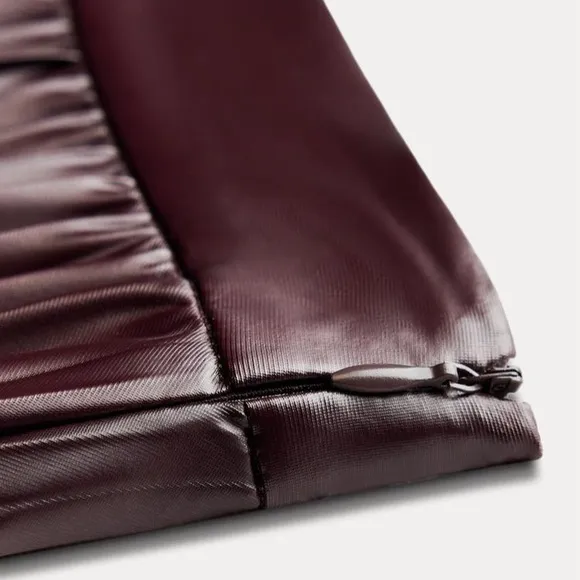 ZARA Burgundy Lightweight Pleated Faux Vegan Leather Midi Skirt/Current season