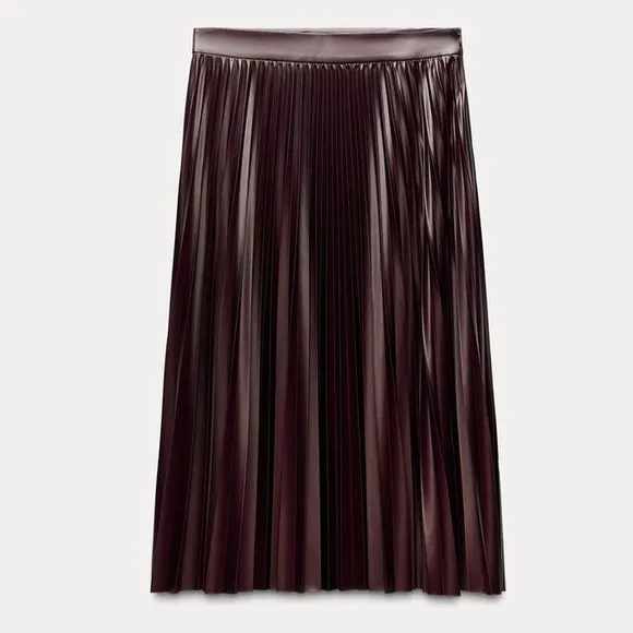 ZARA Burgundy Lightweight Pleated Faux Vegan Leather Midi Skirt/Current season