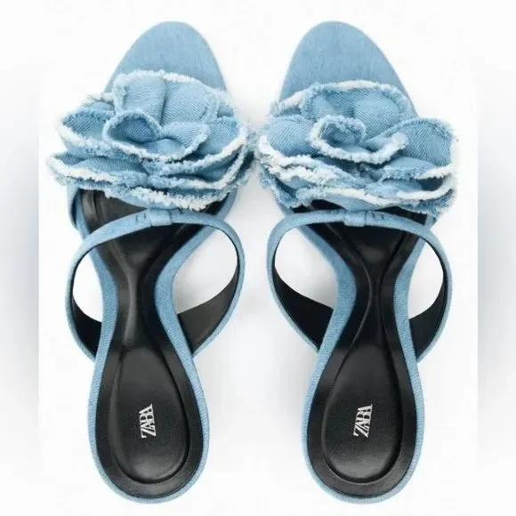 ZARA FLORAL HIGH HEELED DENIM SANDALS