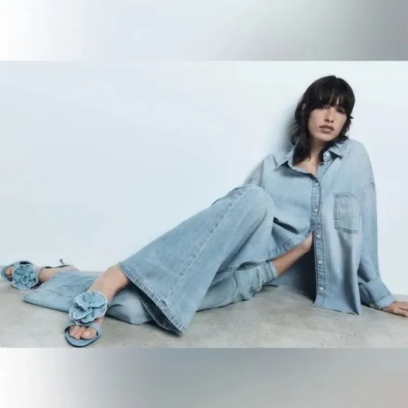 ZARA FLORAL HIGH HEELED DENIM SANDALS