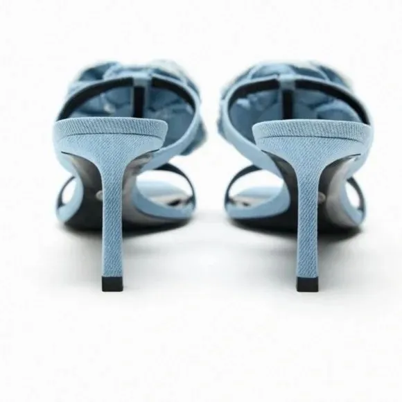 ZARA FLORAL HIGH HEELED DENIM SANDALS