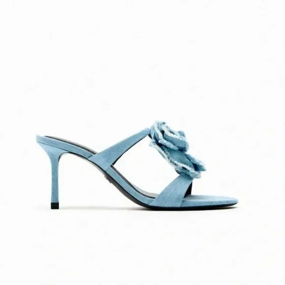ZARA FLORAL HIGH HEELED DENIM SANDALS