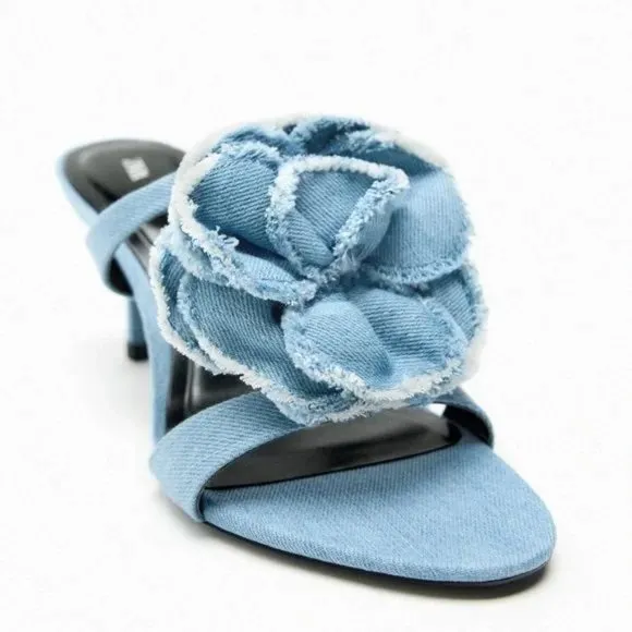 ZARA FLORAL HIGH HEELED DENIM SANDALS