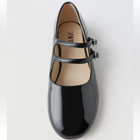 Zara girls faux patented ballet flats Black NWT