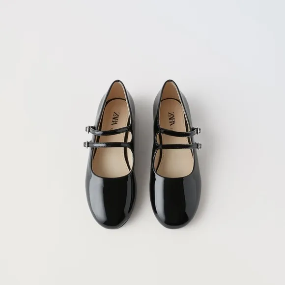 Zara girls faux patented ballet flats Black NWT