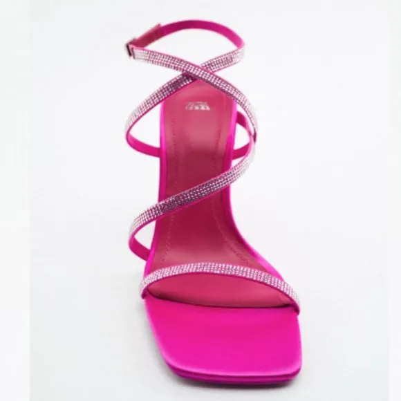Zara Heeled Sandals With Rhinestone Straps Fuchsia Sz 7.5 NWT