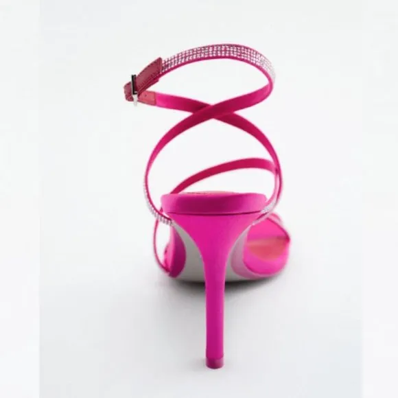 Zara Heeled Sandals With Rhinestone Straps Fuchsia Sz 7.5 NWT