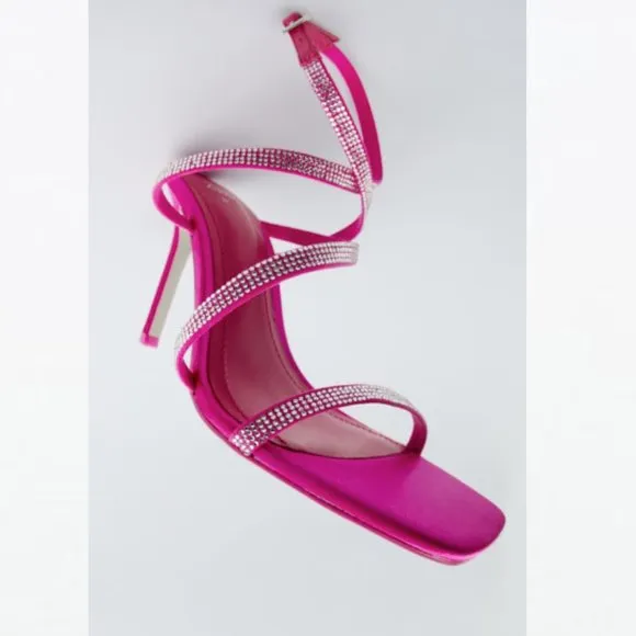 Zara Heeled Sandals With Rhinestone Straps Fuchsia Sz 7.5 NWT