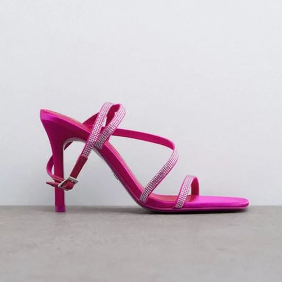 Zara Heeled Sandals With Rhinestone Straps Fuchsia Sz 7.5 NWT