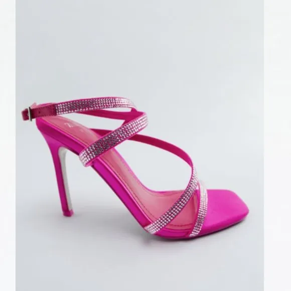 Zara Heeled Sandals With Rhinestone Straps Fuchsia Sz 7.5 NWT