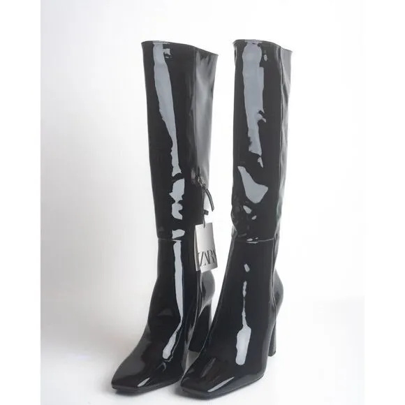 Zara Knee High Boots Heeled Faux Patent Leather Black EU 37 US 6.5 2007/210 NWT