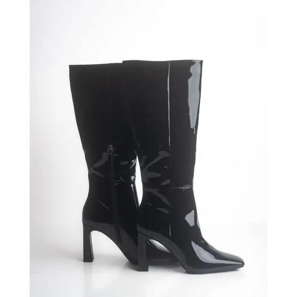 Zara Knee High Boots Heeled Faux Patent Leather Black EU 37 US 6.5 2007/210 NWT