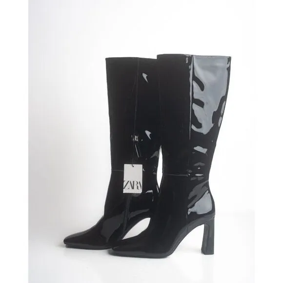 Zara Knee High Boots Heeled Faux Patent Leather Black EU 37 US 6.5 2007/210 NWT