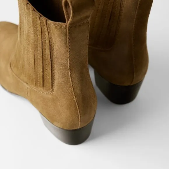 ZARA LEATHER COWBOY MID HEEL ANKLE BOOTS