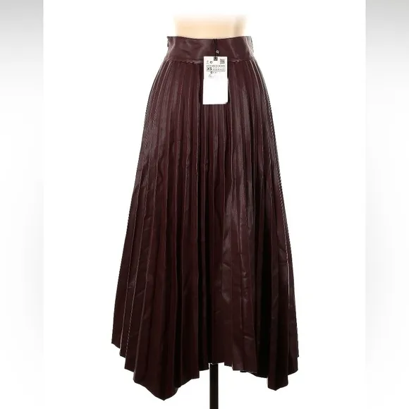 ZARA Maroon Brown Tone Pleated Asymmetrical Hem Midi Faux Leather Skirt NWT